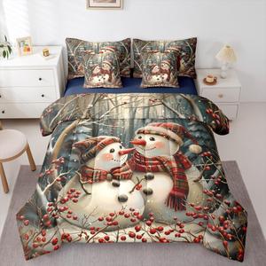 Erosebridal Комплект постельного белья Cute Christmas Snowman Queen с рождественским снеговиком и лесными ветками в деревенском стиле, Grey White