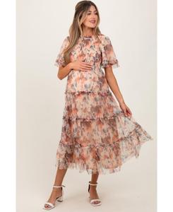 Персиковое миди-платье с цветочным принтом и сборками из сетчатой ткани Pinkblush, Peach