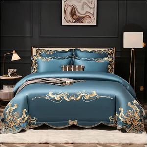 Generic Комплект постельного белья из египетского хлопка с роскошной вышивкой синего цвета
