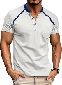 Мужская футболка Henley с коротким рукавом, карманом и цветным блоком KGKQHKQ