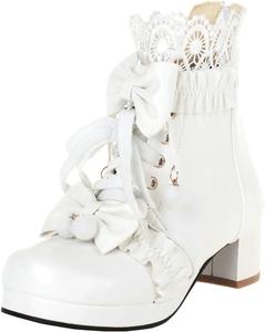 Женские ботильоны Uniquelly с массивным каблуком, платформой, круглым носком, шнуровкой, задней молнией, бантиком, милые кавайные зимние ботинки, White