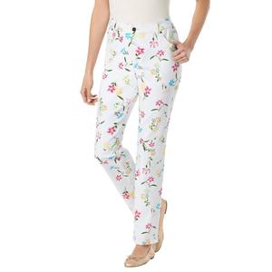 Женщина в женских эластичных джинсах прямого кроя больших размеров для высоких Woman Within, цвет White Flowers