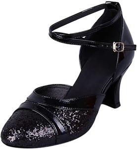 Босоножки на каблуке для женщин, закрытый носок, кожаные танцевальные туфли с пайетками, низкий каблук, латинские и бальные туфли для женщин (Цвет: золотой, Размер: 4,5 UK) Generic