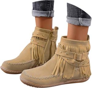 Женские ботильоны с бахромой, широкие круглые носки, замшевые зимние ботинки, теплые модные западные уличные короткие ботиночки на молнии с кисточкой, модные ботинки без шнуровки, ретро, невысокий каблук, обувь до середины голени Generic, B-Beige