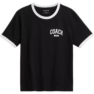 COACH Crew Neck Color Block Trim Short Sleeved Regular T Shirt Women's Black