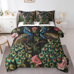 Erosebridal Комплект постельного белья Peacock Quilt с вышивкой в китайском стиле, дизайн с павлиньими перьями и цветочными узорами, Green Pink