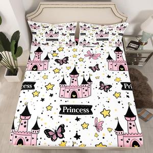 Erosebridal Комплект постельного белья для девочек с принтом замка, бабочек и звезд в черно-розовых тонах, White Black