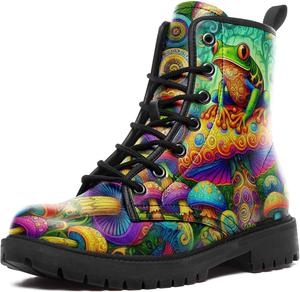 Женские бохо-ботинки Mushroom с цветочным принтом, шнуровкой и высокой голенью для прогулок, походов, фестивалей и повседневной носки AWSOLE, Green Black Purple