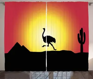 Штора ABAKUHAUS Rustic Ostrich, силуэт бегущего животного, универсальная ленточная штора для гостиной с петлями и крючками, 280 x 225 см, цвет: темно-коралловый, желтый, черный Abakuhaus