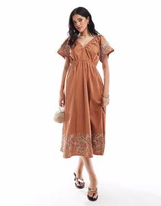 Платье-миди French Connection Cambria из хлопка с вышивкой кофейно-коричневого цвета