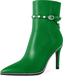 Женские ботильоны SAMMITOP, короткие сапожки с заостренным носком, стойка-кубита на высоком каблуке, модные туфли с бусинами, жемчужной пряжкой, для платья, каблук 4 дюйма