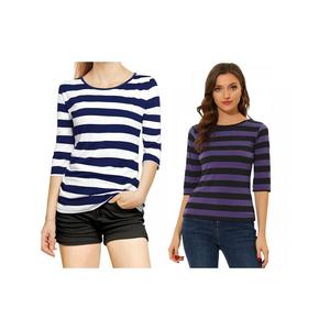 2 упаковки женских повседневных футболок с принтом и круглым вырезом с рукавами до локтя ALLEGRA K, цвет Blue And Black Purple