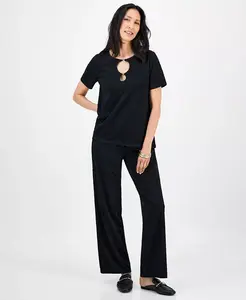 Женский топ с кольцом и фактурные трикотажные брюки JM Collection, черный