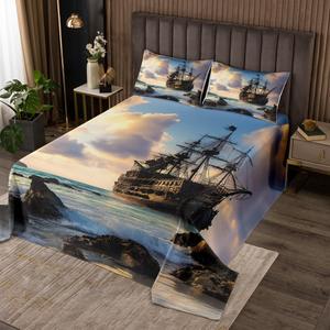Erosebridal Комплект постельного белья Nautical Retro Sailboat в морском стиле с принтом пиратских кораблей для детей и подростков, Multi 08