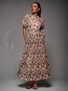 Платье макси с пышными рукавами и принтом из сетки Jolie Moi, Brown