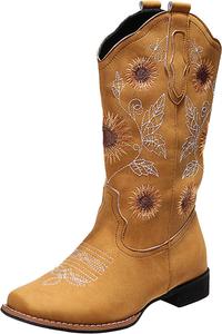 Женские ковбойские сапоги ZHOUYF до середины икры, на застежке, с вышивкой подсолнуха, для верховой езды, с низким каблуком и заостренным носком, ковбойские сапоги вестерн, 6 Yellow