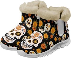 Зимние сапоги с принтом коровы JoyLamoria Sunflower для женщин, утепленные мехом, теплые ботильоны до щиколотки, для холодной погоды, прогулок на улице, снежные ботинки, помощник для легкого надевания, Floral Skeleton