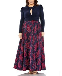 Платье Mac Duggal с длинным рукавом и замочной скважиной с узлом на шее, парчовое платье с цветочным принтом и низом, платье больших размеров, синий