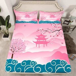 Erosebridal Комплект постельного белья Pink Cherry Blossom с японскими морскими волнами и цветущей сакурой для девочек, Multi 36