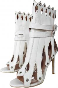 Сексуальные универсальные гладиаторские сандалии на высоком каблуке Frankie Hsu, белые с ПВХ с серебряными заклепками, стиль ботильонов для черлидеров, большие размеры, панк-обувь для женщин и мужчин