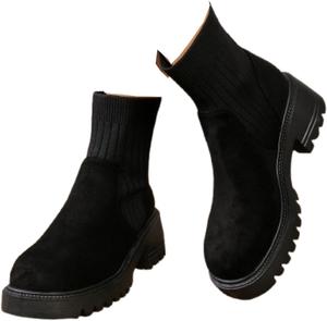 Женские ботинки, ботинки на массивном каблуке, с круглым носком в западном стиле, с нескользящей подошвой для повседневной носки Generic, Black-F