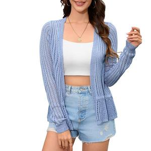 Женский кардиган с длинными рукавами и ажурной вязкой Clearflower, Blue