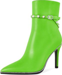 Женские ботильоны SAMMITOP, короткие сапожки с заостренным носком, стойка-кубита на высоком каблуке, модные туфли с бусинами, жемчужной пряжкой, для платья, каблук 4 дюйма