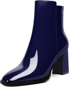 Женские стильные ботильоны AUMOTED с массивным каблуком, закрытым квадратным носком и боковой молнией, короткие ботинки, каблук 3,4 дюйма, Patent Navy
