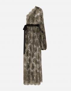 Платье длиной до икры на одно плечо из ламе с шантильским кружевом Dolce & Gabbana, золото