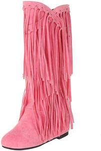 Женские вестерн-сапоги ZDLJYL с бахромой, скрытые высокие сапоги до колена, с круглым носком, платформой, кисточками, низким каблуком, ковбойские сапоги, Pink