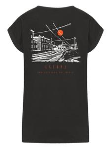 Футболка с удлиненными плечами Откройте для себя мир с изображением железнодорожной станции черного цвета F4NT4STIC