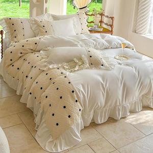 YUSIWOAL Комплект постельного белья с вышивкой и рюшами из хлопка в стиле принцессы с кружевным пододеяльником White