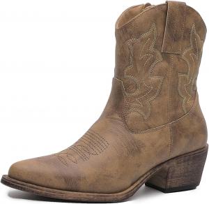 Женские ковбойские ботинки GLOBALWIN Милые ботинки в стиле ковбой с вышивкой, боковой молнией и массивным каблуком, 23Yy16 Camel