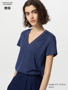 Футболка из льна с v-образным вырезом Uniqlo, синий