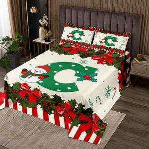 Erosebridal Комплект постельного белья Christmas Bow Letter C с вышивкой снежинками и снеговиком в красно-зеленой полоске, Multi 03