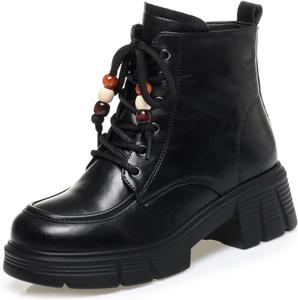 Женские кожаные ботильоны с шнуровкой, утепленные мехом, на платформе с массивным каблуком, с боковой молнией, комфортные бархатные зимние ботинки для повседневной носки на улице и снеге BZIKBGE, Black