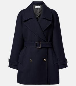 Двубортное шерстяное пальто с поясом Loewe, Navy Blue