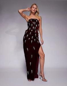 Длинное платье ASOS DESIGN Tall из бархата с корсетом, декором и драпированной юбкой в ​​цвете шелковицы