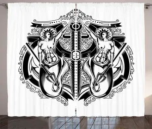 Шторы ABAKUHAUS Vintage Mermaid в деревенском стиле, морское искусство, универсальные ленточные шторы для гостиной с петлями и крючками, 280 x 225 см, антрацитово-серый и белый Abakuhaus