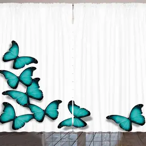 Бирюзовая штора ARANDE с рисунком Летящие бабочки, весенний солнечный день, теплая погода, отдых на свежем воздухе, 280 x 245 см, черно-бирюзовый Abakuhaus