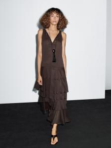 Длинное струящееся платье с оборками Massimo Dutti, шоколадный