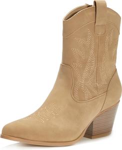 Женские или дамские ковбойские ботинки PEPPEP Western Cowgirl Cowboy до середины голени, из веганской кожи с вышивкой, низкий каблук, модный заостренный носок, качественное исполнение PEPPEP COLLECTION, Chunky Sand