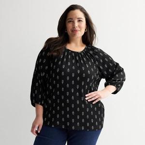 Текстурированный топ с присборенным вырезом больших размеров Croft & Barrow, цвет black leaf geo