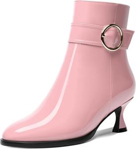 Женские ботильоны AMBELIGHT с круглым носком, ремешком на щиколотке для свиданий, лакированные, с молнией, на низком каблуке 2 дюйма, Pink