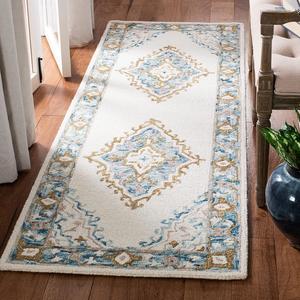 Ковер-дорожка SAFAVIEH, 69 x 214 см, Micro-Loop Collection - Ivory & Blue, ручной работы из шерсти, идеально для помещений с высокой проходимостью в гостиной, спальне (MLP953A)