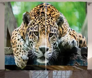 Штора ABAKUHAUS Jaguar Rustic, с изображением дикой кошки-ягуара, для спальни, с присборенной лентой, петлями и крючками, 280 x 245 см, цвет: черный, оранжевый, зеленый Abakuhaus