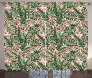 Штора ABAKUHAUS Тропический деревенский, концепция Экзотический пальмовый лист, универсальная ленточная штора для гостиной с петлями и крючками, 280 x 225 см, цвет: зеленый, пастельно-розовый Abakuhaus