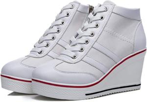 Женские сникерсы на платформе и каблуке-танкетке Mei MACLEOD, ботильоны на щиколотке, повседневные обувь из холста, White