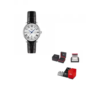 TISSOT Часы Carson Elite Series Quartz Movement Women's Watch Watch 30mm Silver Dial Stainless Steel Case Leather Strap, Silver Dial Black Strap