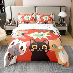 Erosebridal Комплект постельного белья Kids Cat из 100% хлопка с милыми котятами и питомцами, Red Black Grey